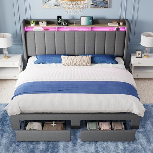 Allewie King Size Bed Frame with 2-Tier Storage Headboard & 2 Large Drawers