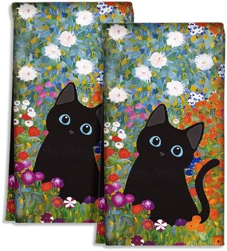 Miss Adola Cute Kitchen Towels Set of 2, 18 x 26 Inch, Black Cat Flower