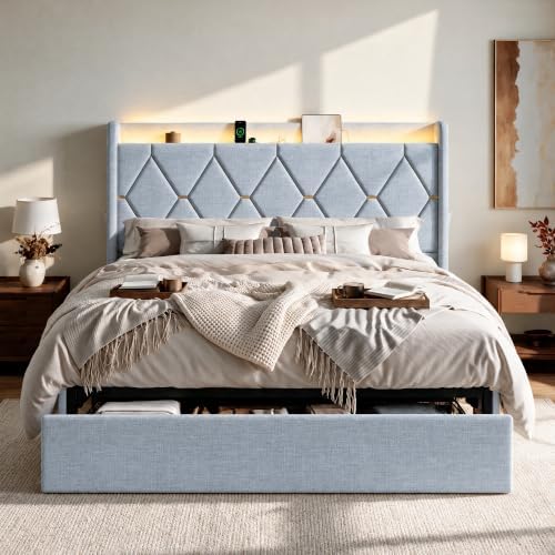 SHA CERLIN King Size Bed Frame with Storage Drawer & LED Lights, Grey