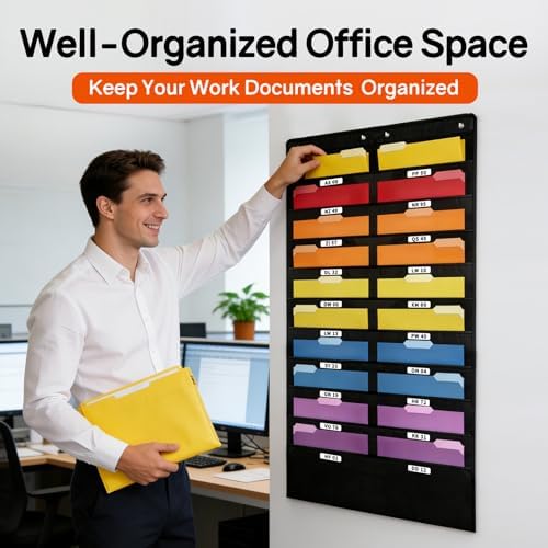 SUNEE 20 Pockets Hanging Wall File Organizer, Black Storage Pocket Chart for File Folder and Paper, Space Saver for Office and Classroom, with Wall Hangers, Over The Door Hooks, Labels