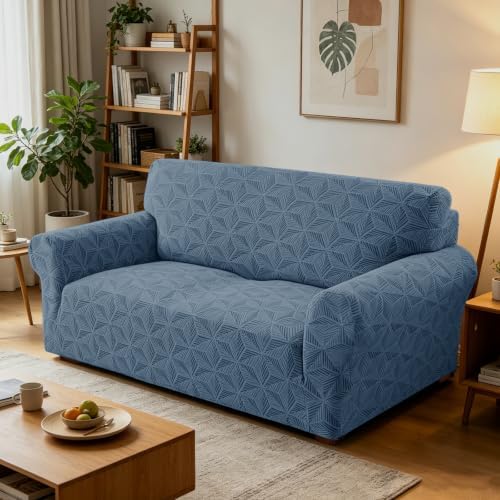 ZNSAYOTX Stretch Couch Cover, 1 Piece Sofa Covers for 2 Cushion Couch, Jacquard Loveseat Slipcovers with Elastic Bottom Thickened Furniture Protector for Dog Cat Pet (Medium, Dark Grey)