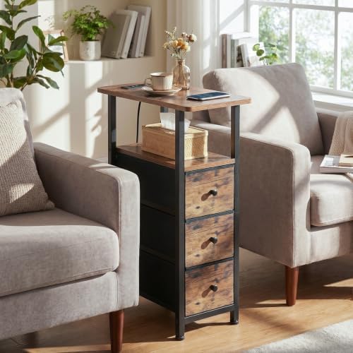 LOAKEKEL Narrow End Table with Charging Station, Small Nightstand