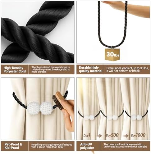 Hion Magnetic Curtain Tiebacks Black 6pcs, Curtain Holdbacks Hooks Holders