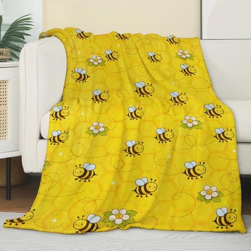 Cute Bee Floral Flannel Blanket, Soft Cozy Throw with Playful Animal, Lightweight Blankets for All Seasons, Cartoon Flower Home Sofa Bed Decor and Gifts for Kids Girls Boys, 60x80 Inch