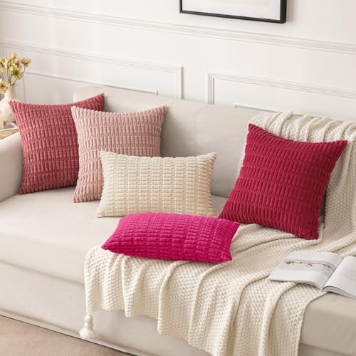 MIULEE Corduroy Decorative Throw Pillow Covers 18x18 Hot Pink Pack of 2