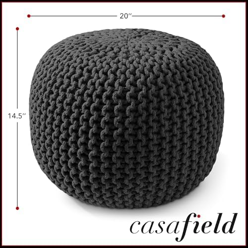 Casafield Round Pouf Ottoman, Black - 20" Diameter x 14.5" High Cotton Knit Foot Stool - Boho Floor Pouffe for Living Room, Bedroom, Home Office