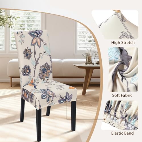 SearchI Dining Room Chair Covers Set of 4, Stretch Printed Floral Parsons Chair Slipcovers Spandex Removable Washable Kitchen Chair Protector Cover for Dining Room, Hotel, Ceremony (Beige+Flower)