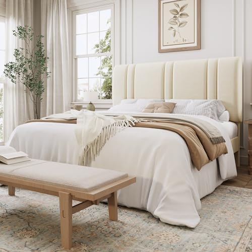 SHA CERLIN Full Size Velvet Bed Frame with Adjustable Headboard, Cream