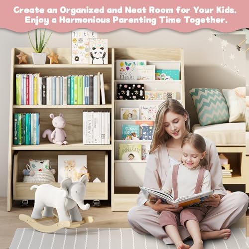 COZPAW Kids Bookshelf and Toy Storage, 4 Tier Toddler Bookshelf with Movable Drawer (Oak)