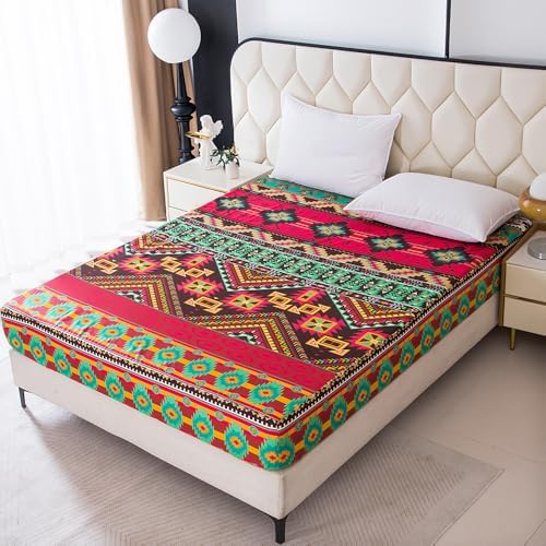 Bohemian Style Bedding Fitted Sheet with Deep Pocket,Red Colorful Boho Pattern Printed Fabric Bed Sheets (Multicolor, Full)