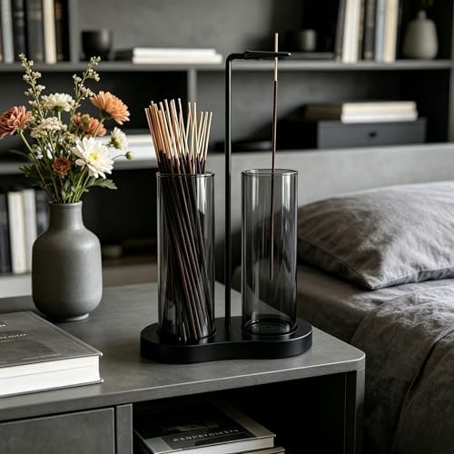 Gray Glass Incense Holder, Black Incense Sticks Burner Holder with Storage,Hang Upside Down Incense Holder for Sticks with Glass Ash Catcher for Meditation Yoga Spa Room Decor (Gray)