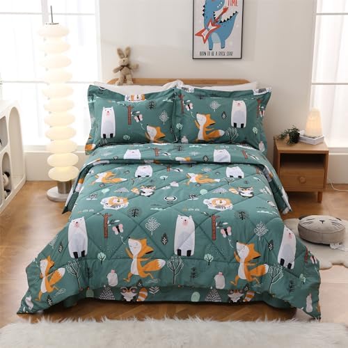 JSD Green Forest Animal Kids Comforter Set Twin Size