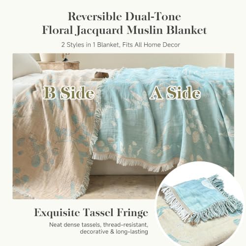 QKTE 100% Cotton Muslin Blanket King Size with Tassels, Lightweight Breathable Reversible Cooling Gauze Blanket for Bed Couch Camping, All-Season Soft Coverlet (Teal Beige,104" X 90")