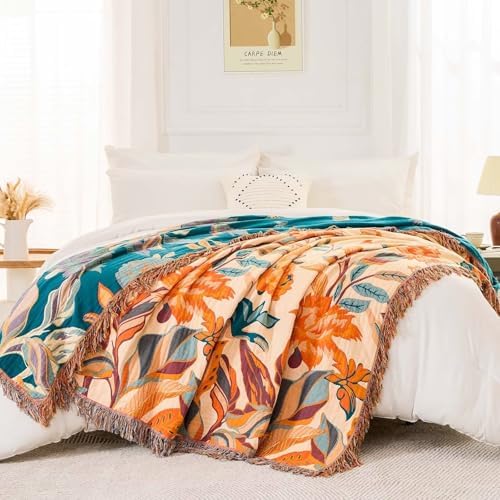 XIBLC Boho Throw Blanket for Bed, 100% Cotton Soft Rustic Quilt Fall Blanket, 60"x80" Floral Printed Farmhouse Decor Bed Blankets, All Season Rustic Reversible Bohemian Throw Quilt