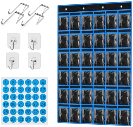 Kotkn 36 Pocket Charts for Classroom Cell Phones, 36 Clear Pocket Charts with Numbered Stickers, Classroom Hanging Cell Phone Organizer, Hangs on Wall, Door Storage Hooks (Black)