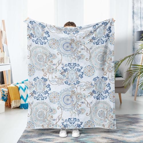 Neasow Teal Fleece Throw Blanket, Light Blue Paisley Design Floral Cozy Decor Nap Blankets for Sofa Bed Couch Chair or Dorm Throws 60×80 inches
