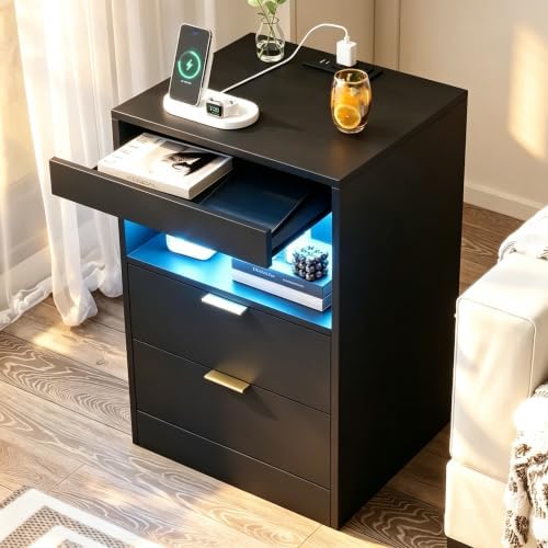 Yusong Nightstand, LED Nightstand with Charging Station, Black