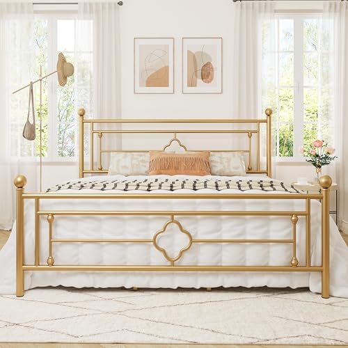 Allewie King Size Metal Platform Bed Frame, Victorian Headboard, Gold