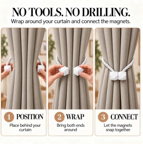 NazTur Magnetic Curtain Tiebacks, Curtain Ties, No-Drill Holdbacks (2 Pack)
