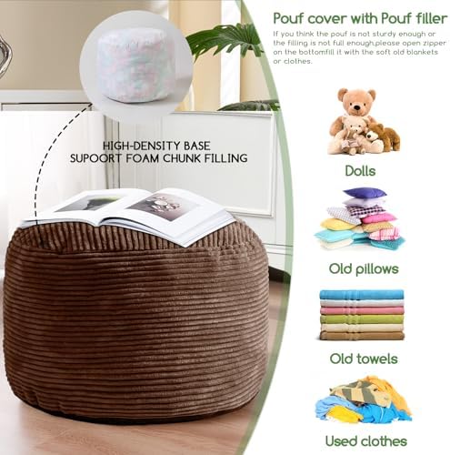 HIGOGOGO Round Stuffed Pouf Ottoman, Corduroy Poufs with Foam Chunk Filling, Furry and Fluffy Pouf Foot Stool Storage Ottoman, 26 X 18 Floor Poufs Foot Rest for Living Room, Brown