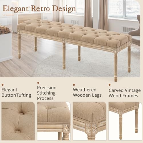 LUE BONA 60" Fabric End of Bed Bench, Upholstered Tufted French Bedroom Bench with Carved Legs for Bedroom End of King Size Bed, Living Room, Wheat