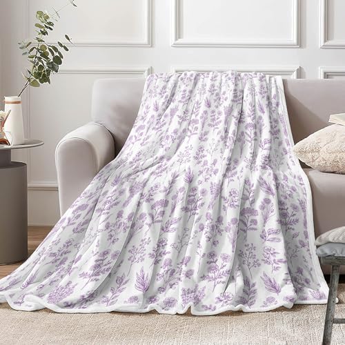 Floral Fuzzy Blanket Purple Floral Throw Blanket, Botanical Flowers Blankets, Soft, Flannel, Warm, Boho Flowers Bed Blankets All Season for Couch Bedroom Living Room 50X70 Inch