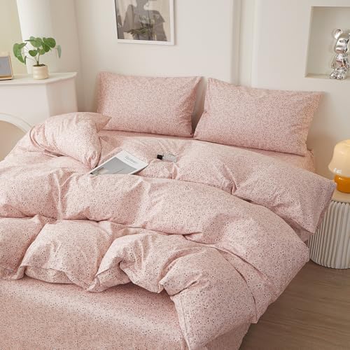 HighBuy Full Size Duvet Cover Pink Floral Bedding Set French Style with Zipper Closure,Vintage Duvet Cover Set Blush Flower Shabby Chic Bedding Comforter Cover Set,Soft and Breathable