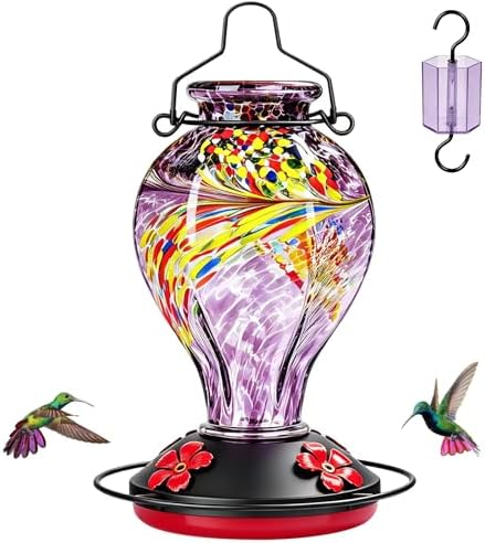 Hand Blown Glass Hummingbird Feeders for Outdoors Hanging, 24oz Wild Bird Nectar Feeder with Ant Moat and Perch, Bee-Resistant Ports, Garden Decor, Gifts for Women Mom, 1 Pack, Purple Phoenix