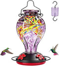 Hand Blown Glass Hummingbird Feeders for Outdoors Hanging, 24oz Wild Bird Nectar Feeder with Ant Moat and Perch, Bee-Resistant Ports, Garden Decor, Gifts for Women Mom, 1 Pack, Purple Phoenix