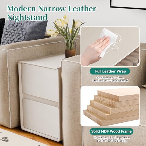 15.8" W Faux Leather Narrow Nightstand, Fully-Assembled Bedside Table with 2 Drawers, Wood Night Stand Small Accent End Table & Side Table for Bedroom, Cream White