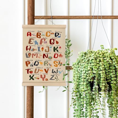 MAQIKA Funny Alphabet Learning Classroom Poster Framed with Wood Hanger, Letters Educational Hanging Wall Decor, ABC Alphabet Canvas Wall Art Paints for Kids Toddlers Nursery Room Bedroom, 12x16 Inch
