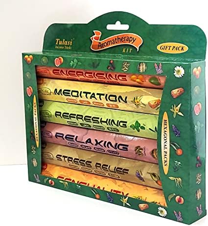 Tulasi Premium Aromatherapy Incense Sticks - Energising, Relaxing, Refreshing, Sensuality, Meditation & Stress Relief Mixed Scents, Hand Rolled with Natural Oils 120 Incense Sticks, 6 in 1 Gift Pack