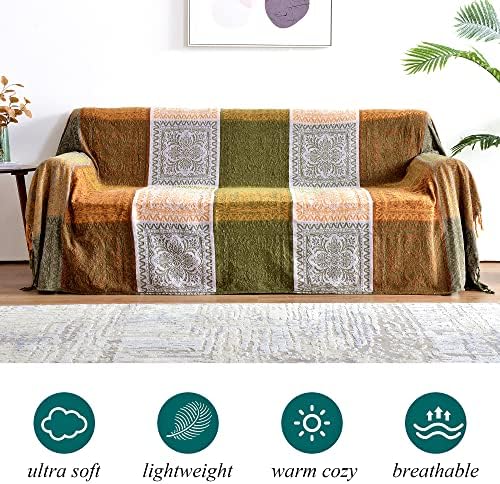Boho Throw Blanket, Bohemian Tassels Throw Blankets for Bed Couch Soft Chair， Chenille Fringe Tassels (New Green, Large 86 * 102Inches)