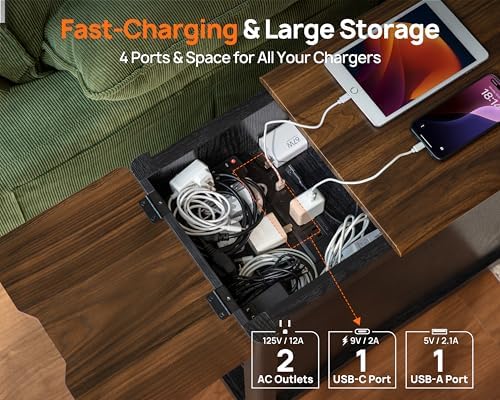 Rolling End Table with Wheels&Charging Station,Side Table with Drawer,Black