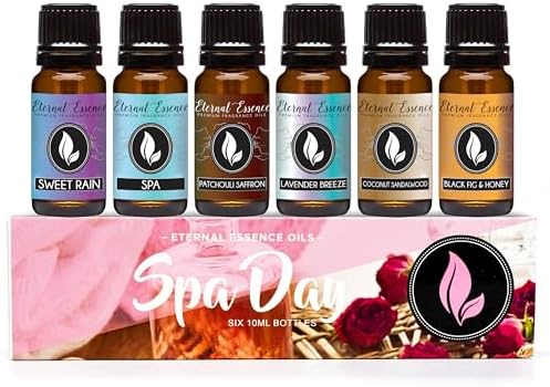 Eternal Essence Oils Spa Day Set of 6 Premium Fragrance Oils - Includes Lavender Breeze, Sweet Rain, Coconut Sandalwood, Black Fig & Honey, Patchouli Saffron, and Spa Scented Oils - 10ML