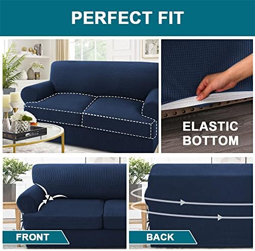 Turquoize 3 Piece T Cushion Sofa Slipcovers Stretch Couch Cover Furniture Covers with 2 Individual T Cushion Covers, Machine Washable (2 Cushion Sofa, Navy)