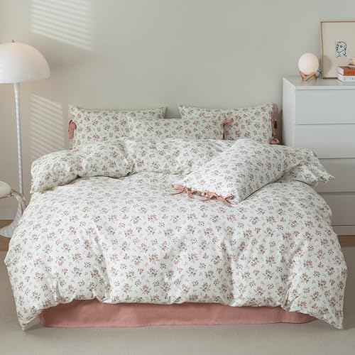 HighBuy Pink Floral Duvet Cover Set Queen Vintage Style Cozy Cotton Soft Comforter Cover Queen 3 Piece for Girl Teen,Room Decor Boho Flowers Bedding Duvet Cover with 2 Pillowcases with Bow Ties