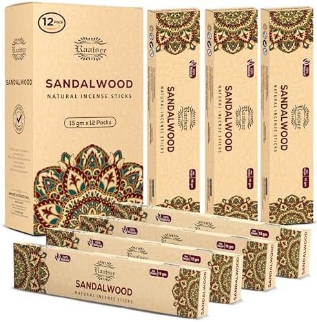 Raajsee Sandalwood Incense Sticks (180 gm), 100% Pure Organic Natural Hand Rolled Free from Chemicals - Sandalwood Incense Perfect for Aromatherapy, Cleansing, Meditation, and Church (Pack of 12)