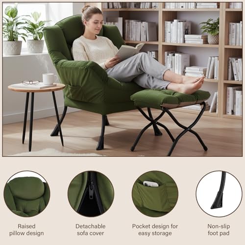 Welnow Lazy Chair with Ottoman, Reading Chair with Footrest, Army Green