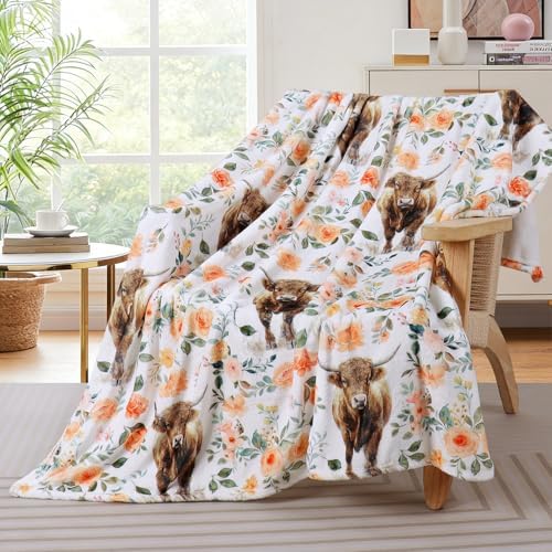 Highland Cow Blanket Watercolor Flower Throw Blanket Fall Farmhouse Plush Throw Blankets Rustic Cow Fleece Blankets Ultra Soft Cozy Blankets for Couch Bed Sofa 60 x 80 Inch