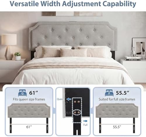KOMFOTT Upholstered Headboard with Charging Station for Full & Queen Size Bed Frame, Tufted Button Bed Headboard with Solid Rubber Wood Legs, Headboard with Adjustable Width, Grey