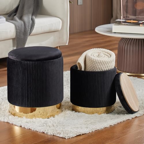 Round Ottoman with Storage Set of 2 Black Vanity Stool Foot Rest