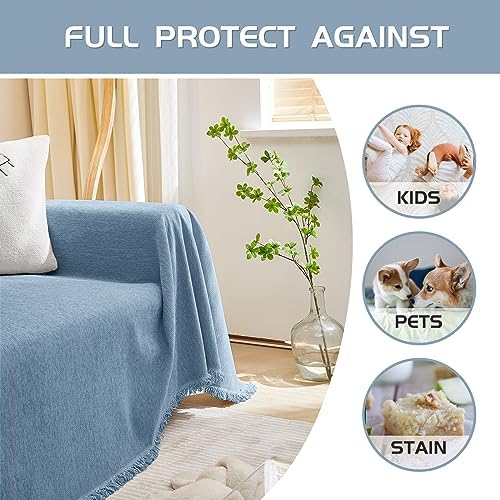 MEETSKY Sofa Slipcover Sofa Covers for 3 Cushion Couch Cover for L Shaped Sectional Sofa Covers Couch Protector Thick Chenille Fabric Washable, Modern Sofa Towel for Living Room, 91" x 134", Blue