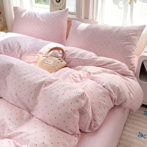 Polka Dot Duvet Cover Queen Size Pink Zipper Queen Size Comforter Cover Cotton Double Gauze Cute Soft Duvet Cover Set with 2 Pillowcases Boho Girls Bedding Set Muslin Duvet Protector
