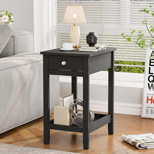 SEJOV Narrow Side Table, Small Black End Table with Drawer & Storage Shelve