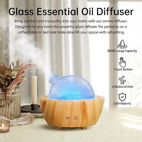 Glass Essential Oil Diffuser Wood Grain Base, 280ml Aromatherapy Diffusers Cool Mist Humidifier, LED Light in 7 Colors with Waterless Auto-Off Protection, for Office, Home, Yoga, Spa