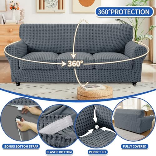 MAXIJIN 4 Pieces Stretch Oversized Couch Covers for 3 Cushion Sofa Covers Washable Sofa Slipcovers Thick Soft Furniture Protector with Non Slip Strap (Dark Gray), 91"-110"(3 XL Cushions)