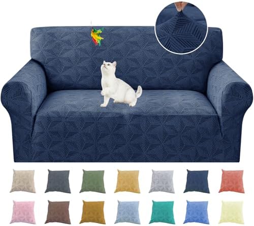YEMYHOM 1 Piece Stretch Couch Covers for 2 Cushion Couch, Jacquard Loveseat Cover with Non-Slip Elastic Bottom, Thickened Slipcover Furniture Protector for Dogs Pets (Medium, Navy）