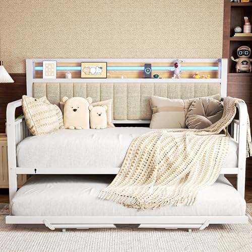 Daybed with Trundle and LED Light, Heavy Duty Metal Twin Bed Frame with Upholstered Storage Headboard & Charging Station, Day Bed Pop Up Trundle Bed Twin for Living Room,Bedroom and Guest Room, White