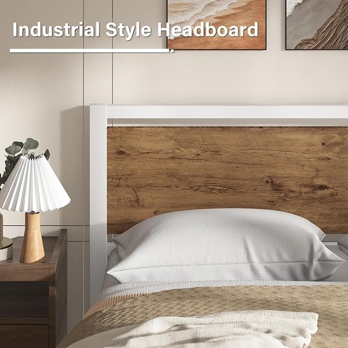 Full Metal Bed Frame with Industrial Headboard, White Brown